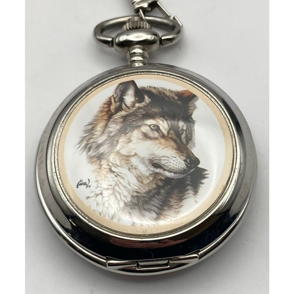 Westminster Quartz Wolf Pocket Watch Full Hunter - New Battery - Chain and Clip - Picture 8 of 11